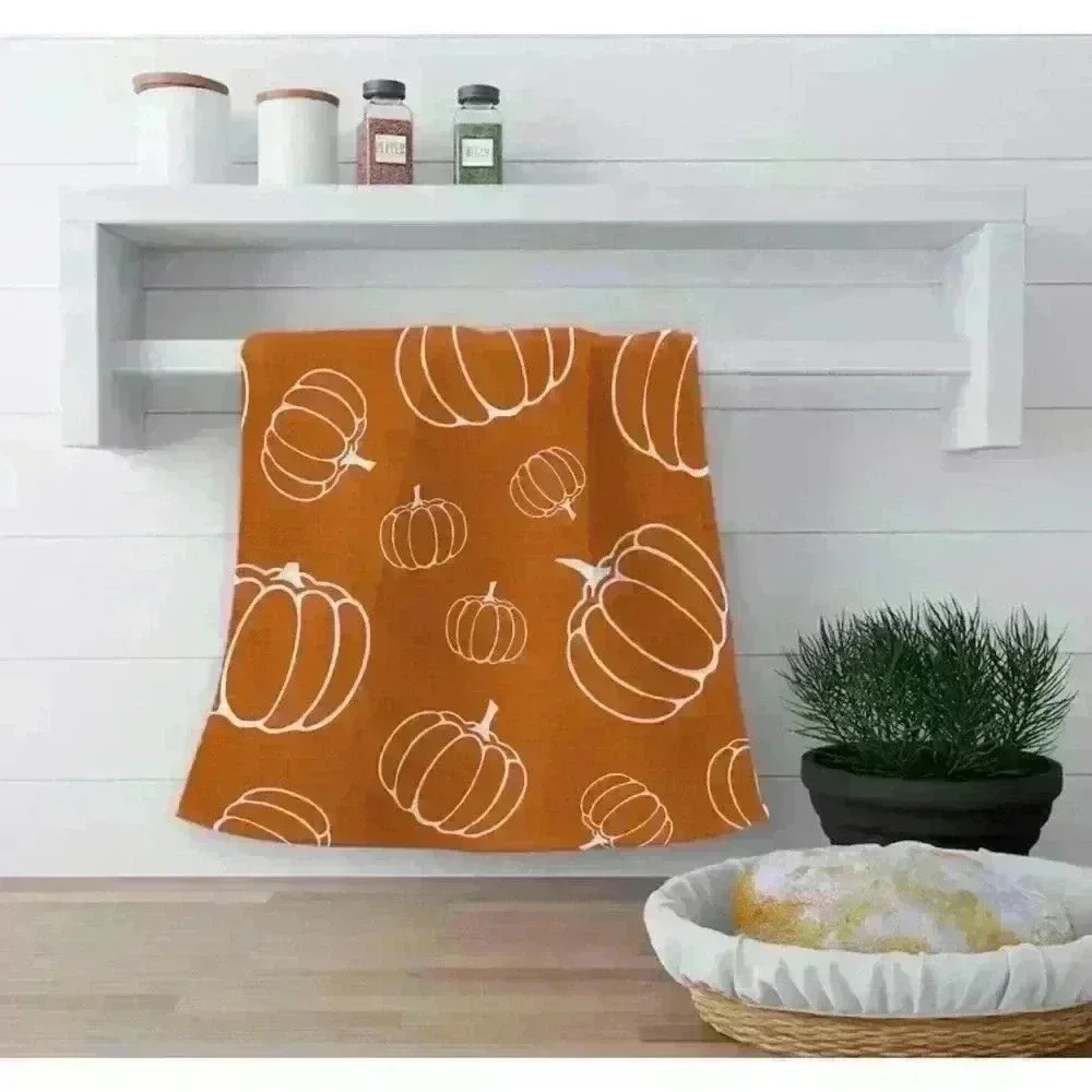NEW! Hello Pumpkin Fall Kitchen Towels Set Bright Orange & White 16in x 24in